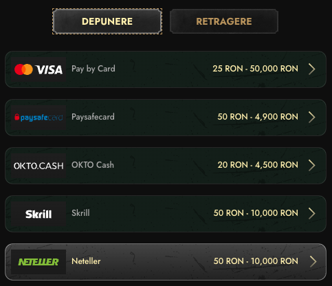 Depuneri fonduri la DonRo - Visa, Marstercard, OKTOcash, Skrill, Neteller